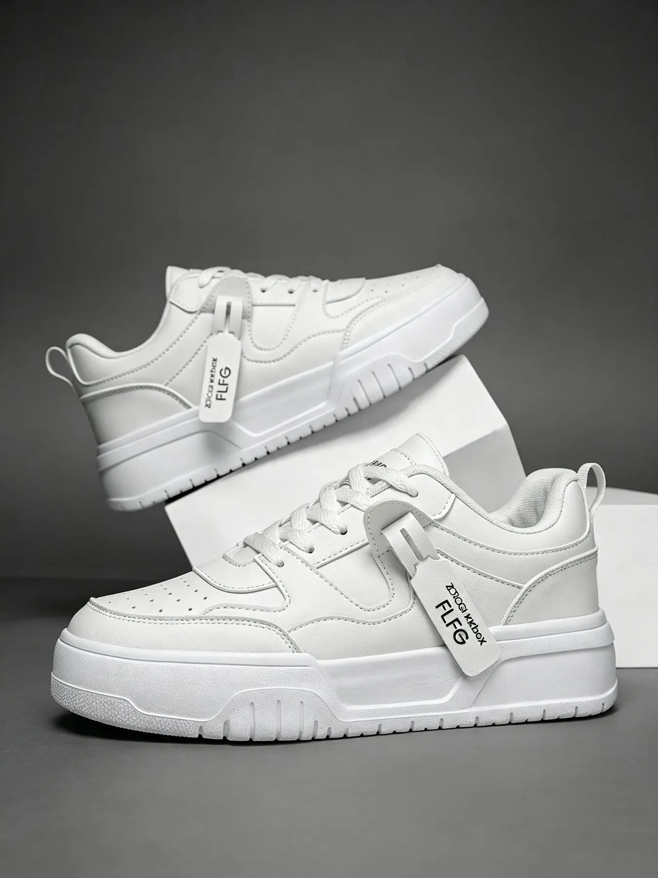 Unisex Classic Versatile White Sneakers, Low-Top Lace-Up PU Leather Skate Shoes with Thick Comfort Soft Soles, Suitable for Daily Wear & Outdoor Activities