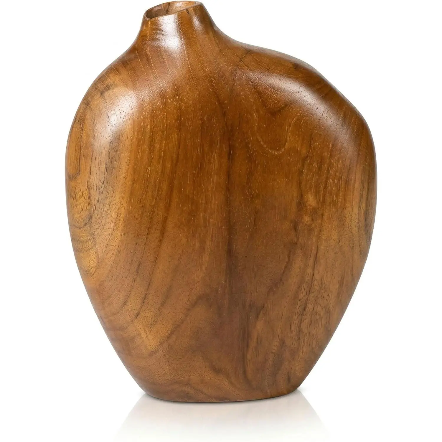 Solid Teak Wood Decorative Vase - Hand-Carved, Grain Texture Wooden Vase for Dried Flowers, Modern Organic Rustic Home Decor Gift for Living Room, Shelf