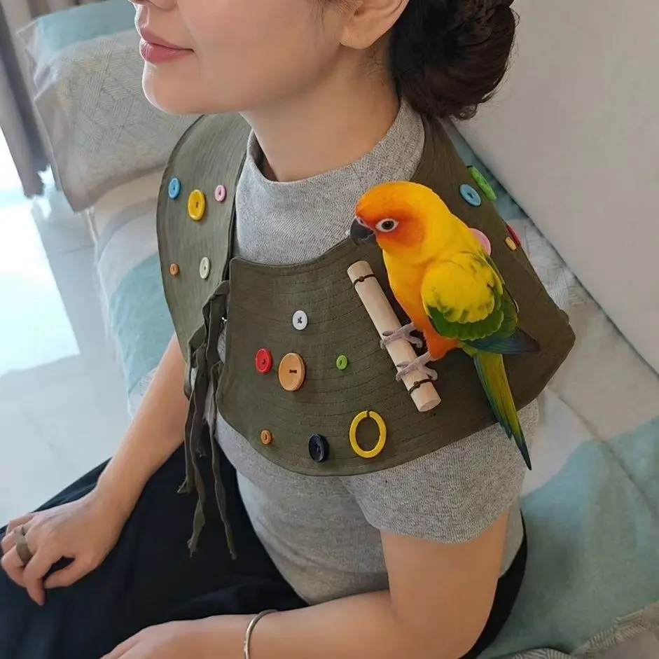 Parrot Shoulder Cape | Anti-scratch & bite training cover | Washable multi-use shoulder pad | Color button toy pad | Anti-dirt shoulder protector | For cockatiel, lovebird, budgie, parrots, home/outdoor use