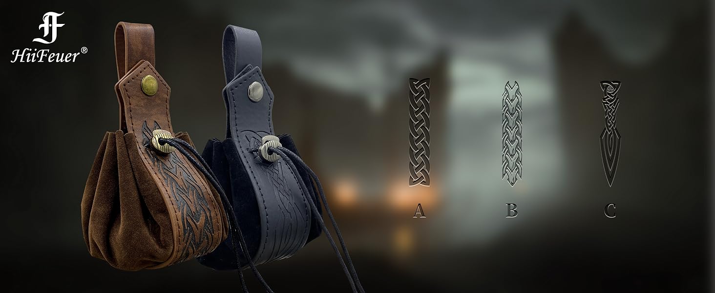 Vintage Medieval Faux Leather Drawstring Pouch, Middle Ages Portable Coin Purse, Rivets Belt Pouch Dice Bag For LARP Ren Faire (Brown A)