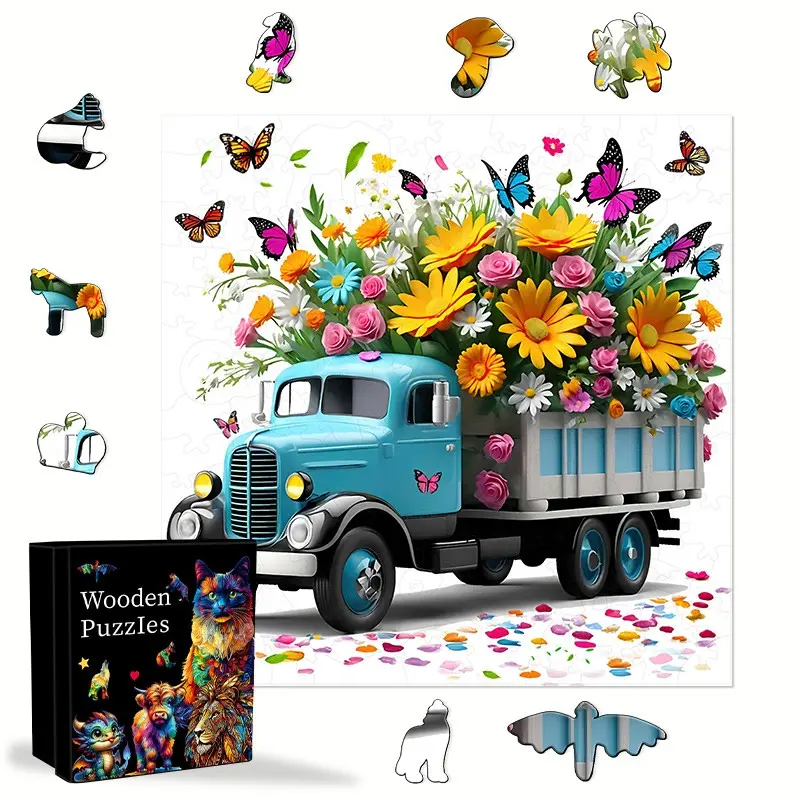 Blue Butterfly Truck Wooden Puzzle, Creative Irregular Animal Shape, Interactive Game for Adults & Teens, Home Decor, Birthday & Holiday Gift