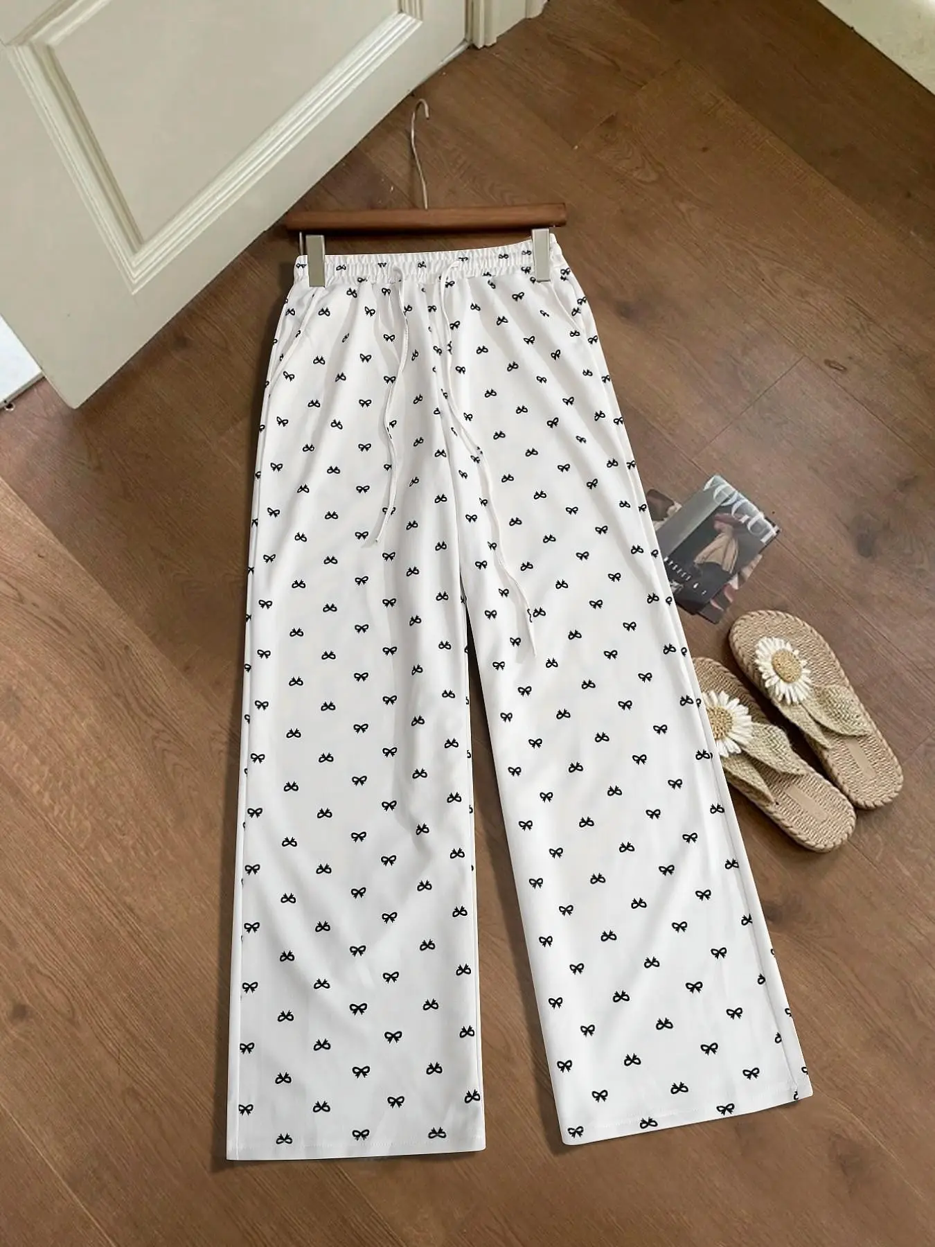 Women's Butterfly Knot Print Wide Leg Pants, Breathable Mesh Fabric, Drawstring High Waist, Loose Fit, Casual All-Season Trousers
