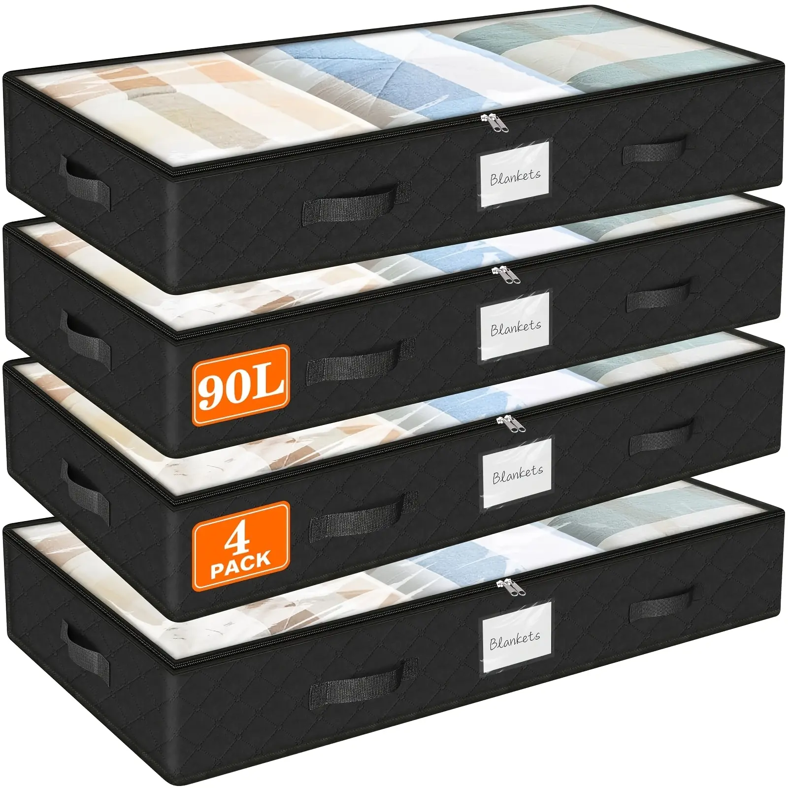 4Pcs Large Foldable Storage Bags (23.78 Gal), Thick Fabric Closet Organizer Bins with Durable Reinforced Handles, Gray & Black Options for Clothing, Under-Bed Storage