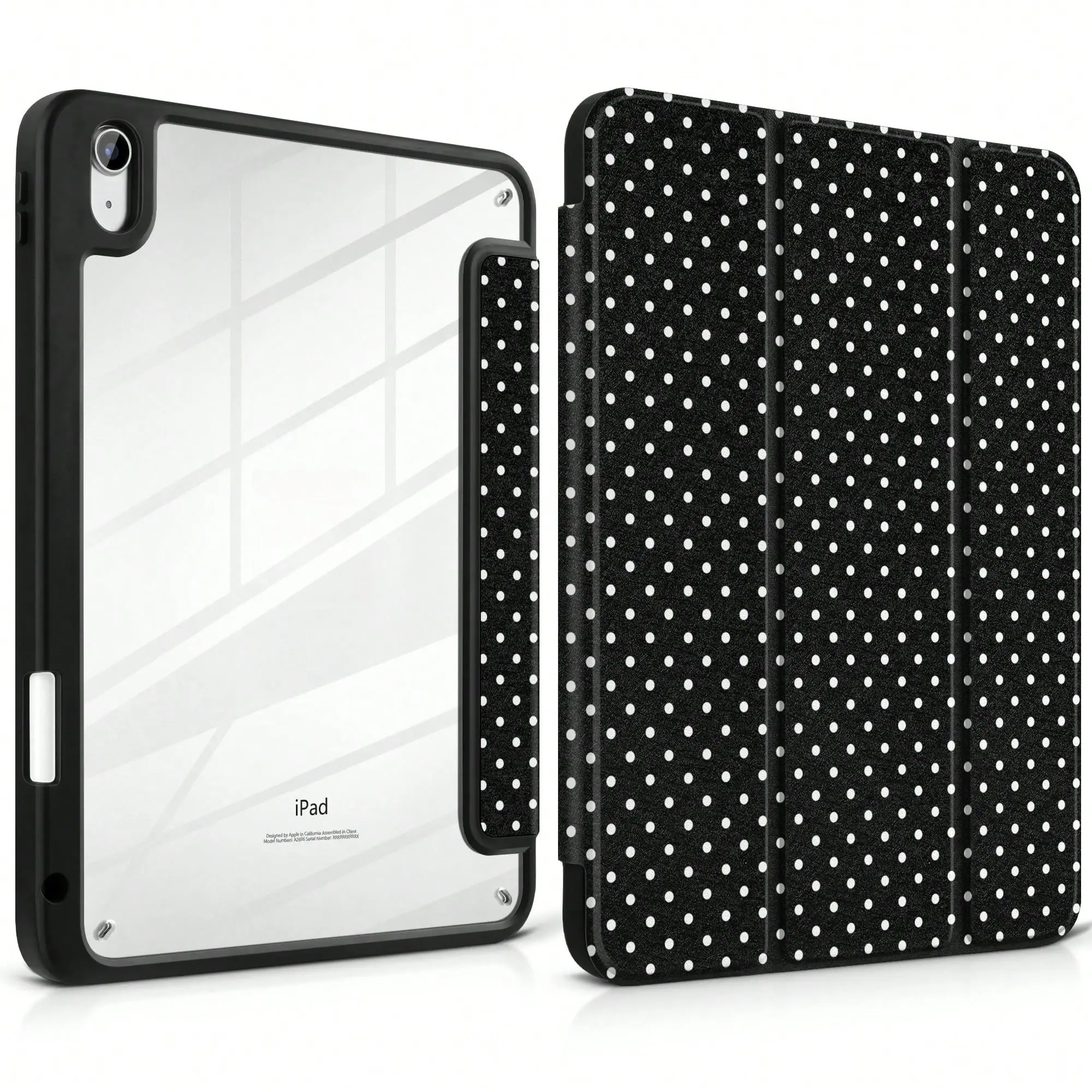 Stylish Black Polka Dots Tablet Case Triple Fold Auto Sleep Wake With Stylus Slot Shockproof Anti-Scratch Protective Cover For IPad 11 A16 10th/12th Gen Air 1-8 Pro 13 M4/M5 Mini 4-6 Women Back To School Gift