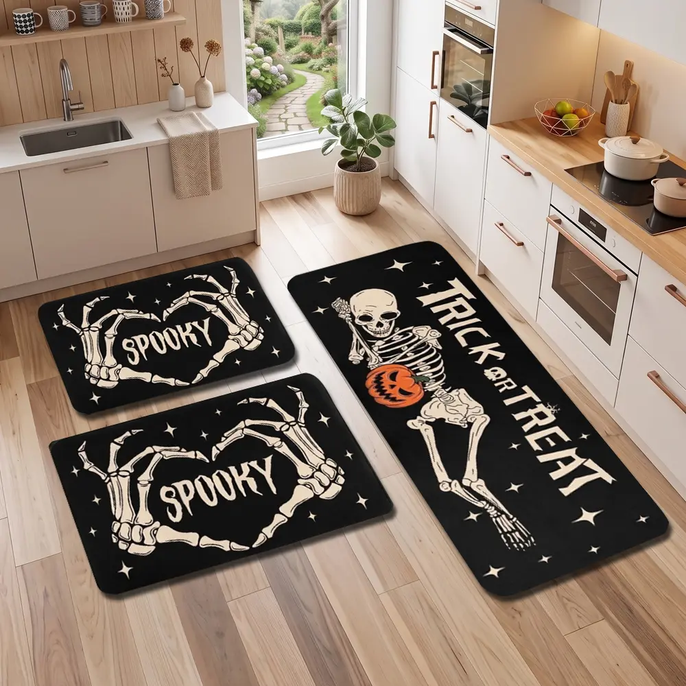3Pcs Halloween Kitchen Decor Rugs Set,Skeleton Kitchen Rugs and Mats Non Skid Washable Absorbent Kitchen Accessories Decoration Floor Mats