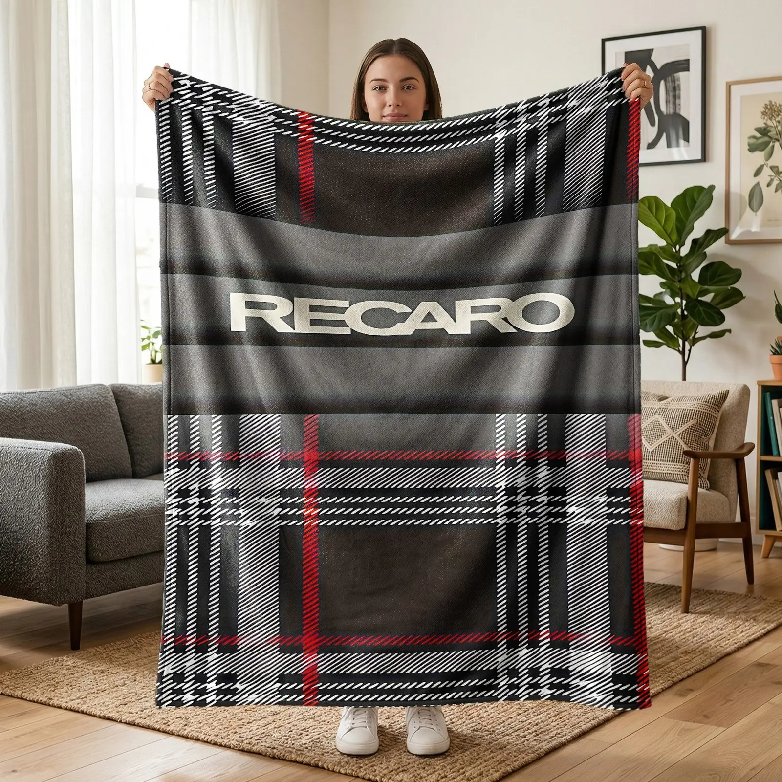 1pc RECARO Racing Seat Red Black Plaid Fleece Blanket, Black Base Retro White Red Tartan Car Sport Brand Letter Minimalist Print. Soft Warm Throw for Sofa, Bed, Office, Camping Trip, Ideal Christmas Gift.