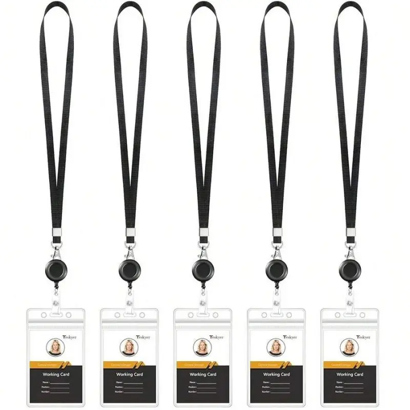 5 Pack Retractable Lanyards For ID Badges, Thick Clear Plastic ID Badge Holder With Lanyard And Badge Reel Clip For Name Work Cards, Cruise Ship Cards, Name Tag Lanyards - Black
