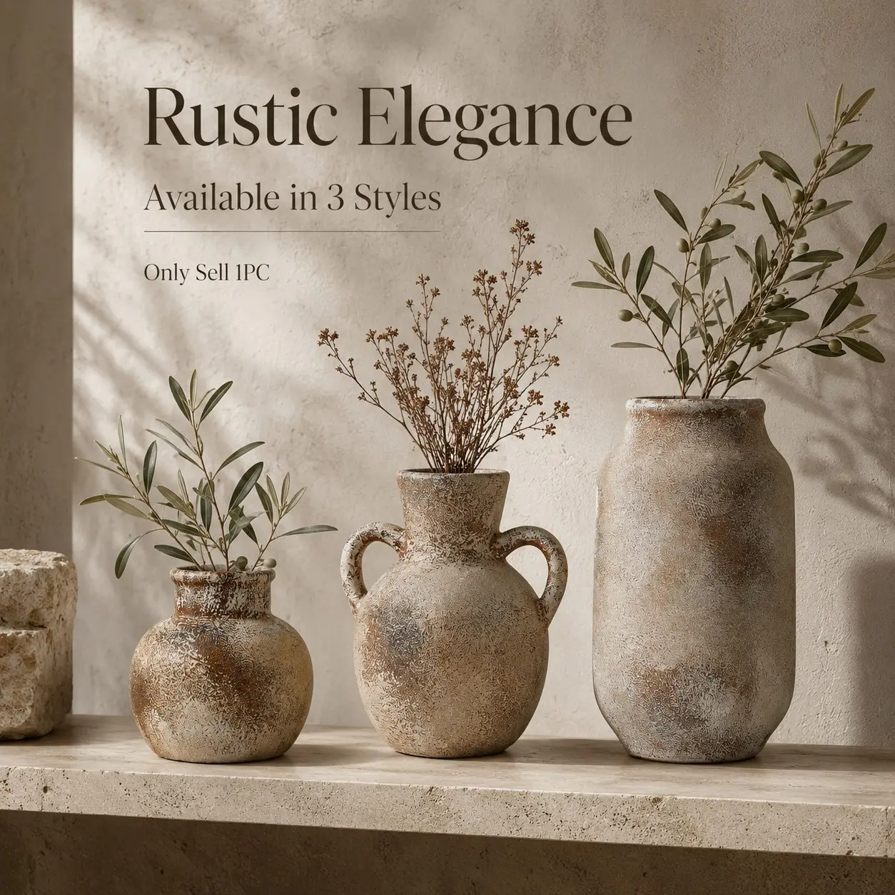 Rustic Ceramic Vase Set of Three, Vintage Terracotta Decorative Vases, Bohemian Style, Boho Vase, Ideal for Dining Table, Living Room, Shelf, Entryway