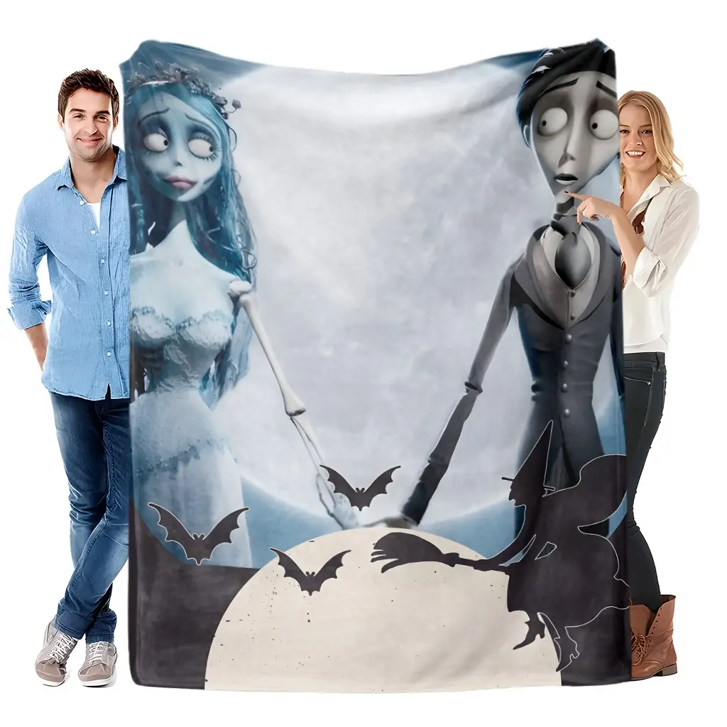 Corpse Bride Emily & Victor Hand-in-Hand Couple Flannel Throw Blanket, Gothic Romance Halloween Aesthetic, Soft Wrinkle-Free Multi-Size All-Season Bedding Home Decor Gift