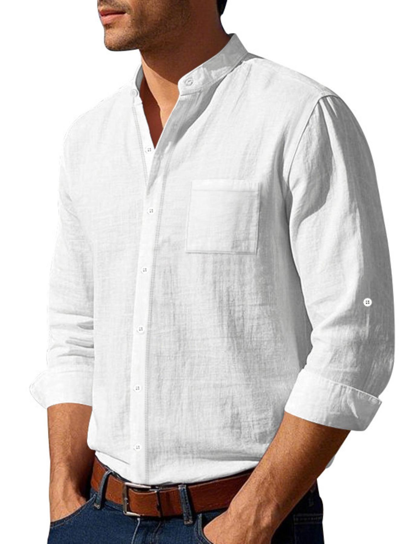 Men's Regular Fit Solid Color Linen Shirt, Casual Long Sleeve Collared Top for Daily Wear, Fashion Comfy Woven Top for Men, Button Up Top, Beige