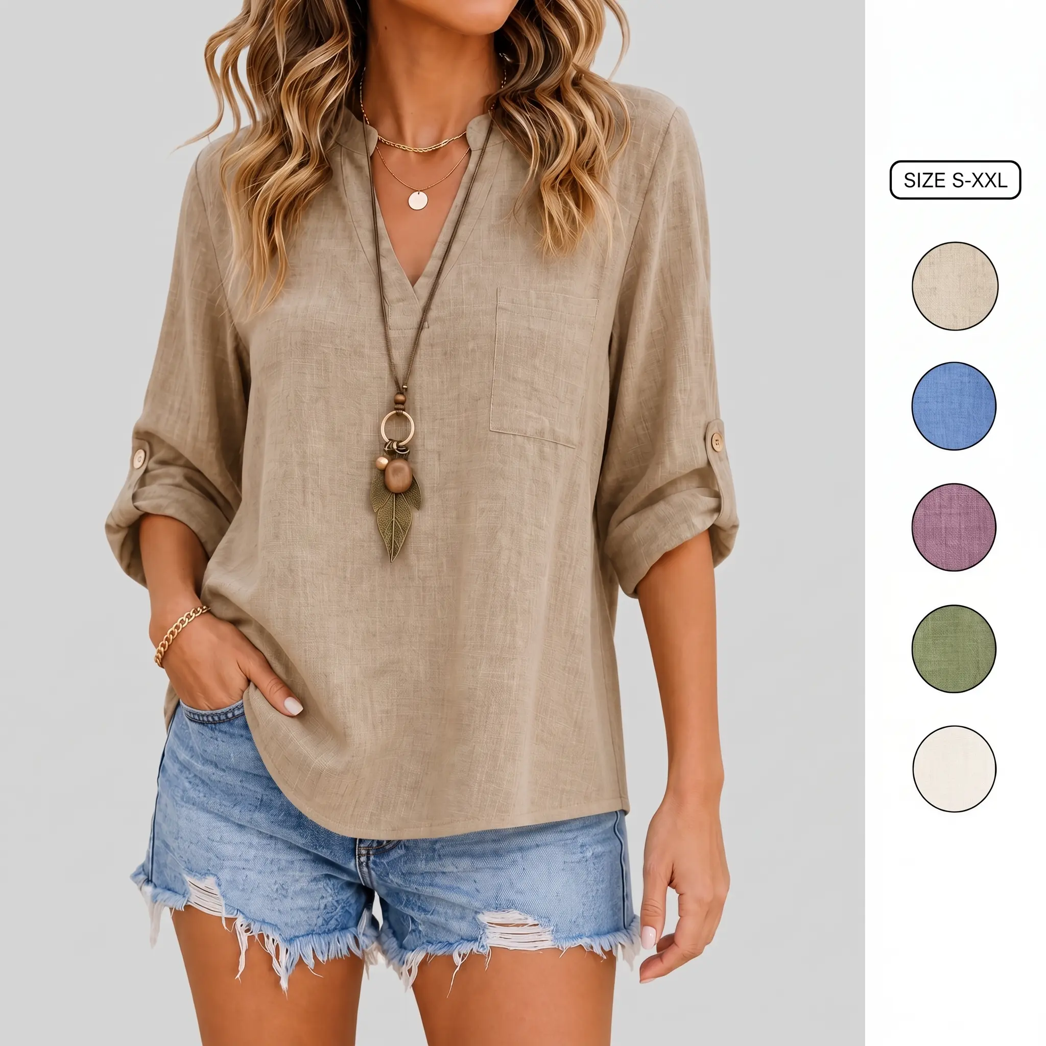 Women’s Casual V-Neck Long-Sleeve Roll-Tab 3/4 Sleeve Textured Fabric Blouse with Chest Pocket - Loose Fit Women's Tops and Blouses for Spring, Fall Office Work