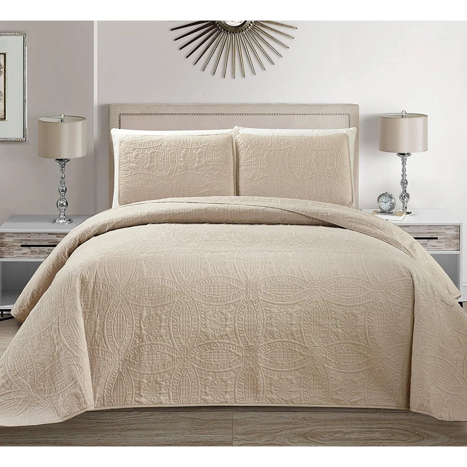 Collection Embossed Coverlet Bedspread Over Size Set Solid #  (Beige/Khaki, /California )