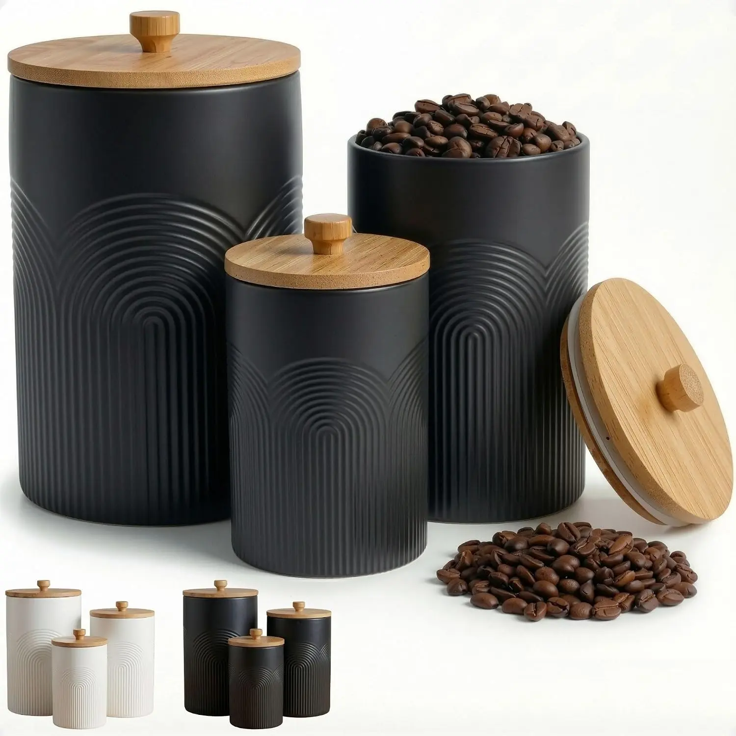 Ceramic Kitchen Canisters for Countertop Set of 3 w/ Airtight   | Thick Sturdy Ceramic, Matte Finish, Airtight Easy Open  , Comfortable  Handles, Jar Volumes: 2, 1, 0.5 quarts