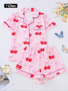 Women's 2-Piece Pajama Set, Cute Cherry Bow Print, Short Sleeve Button-Down Top & Elastic Shorts, Casual All-Season Sleepwear