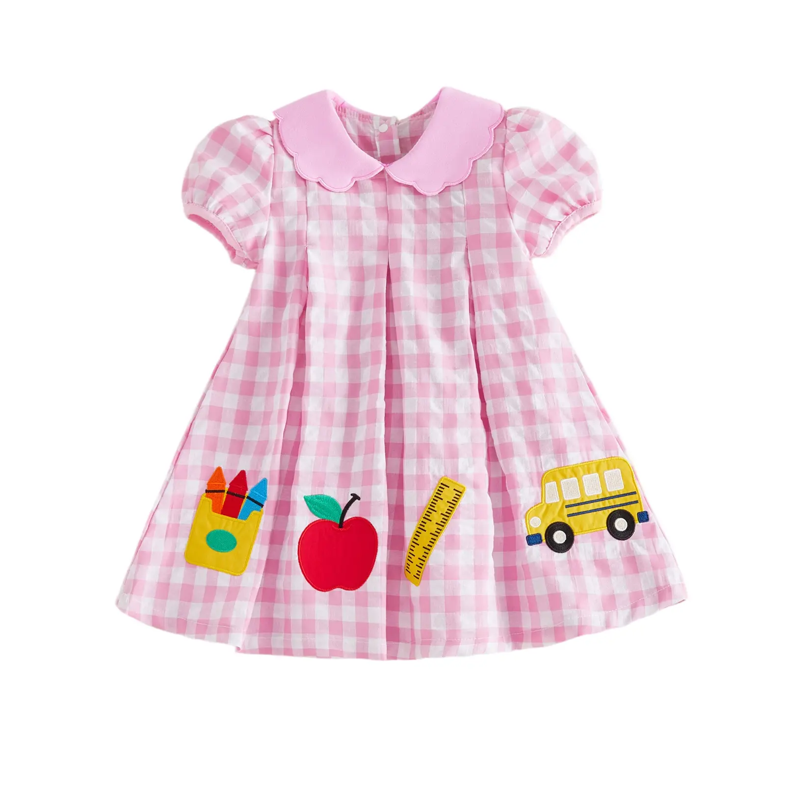 Toddler Baby Little Girls Back To School Dress Plaid School Bus Embroidered Doll Collar Short Sleeve A-line Dresses 1-6 Years