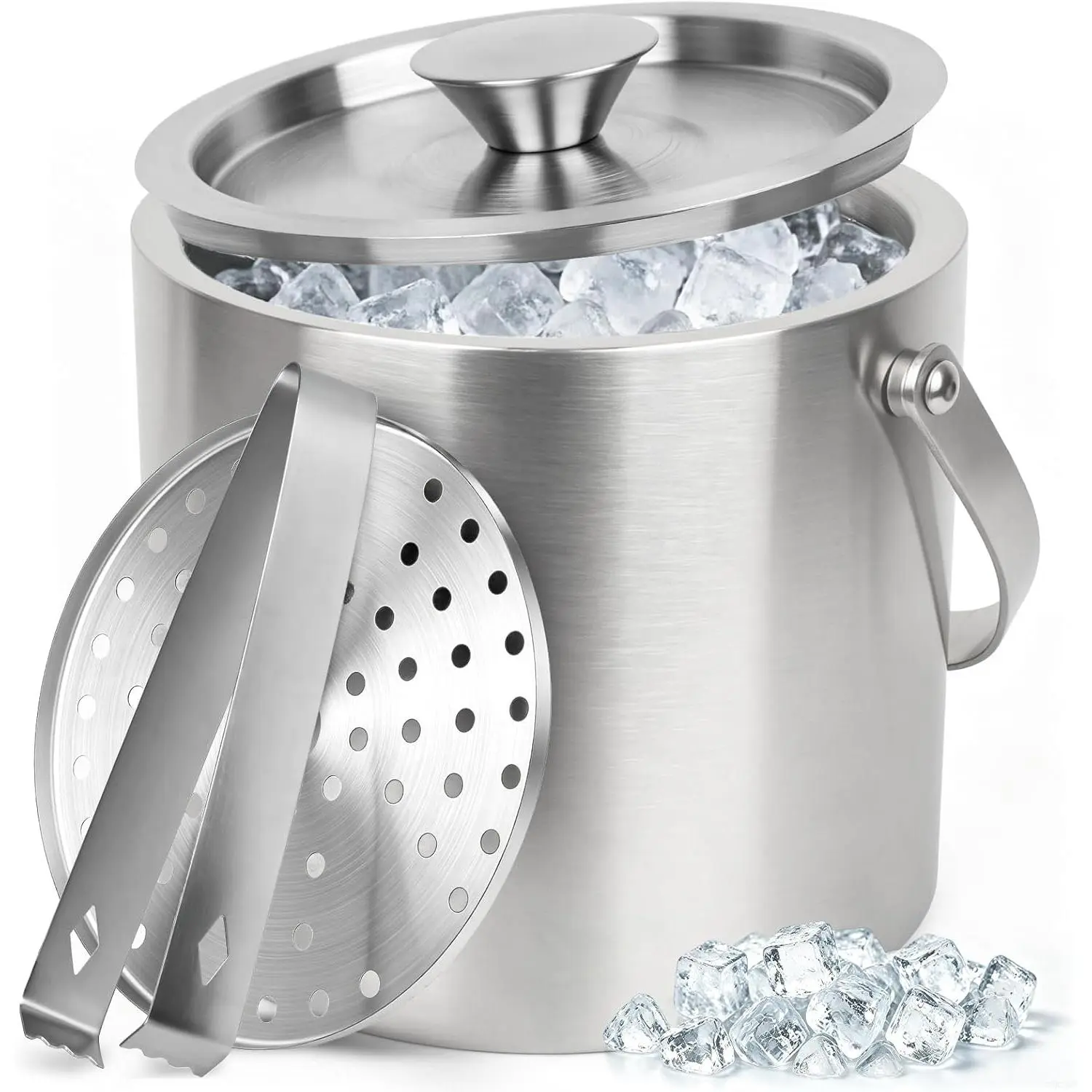 Ice Bucket 3L Stainless Steel Insulated Ice Buckets for Parties | Double-Wall Ice Bucket with Lid, Tongs & Strainer, 101oz Ice Container for Wine & Champagne, Cocktail Home Bar & Outdoor Use
