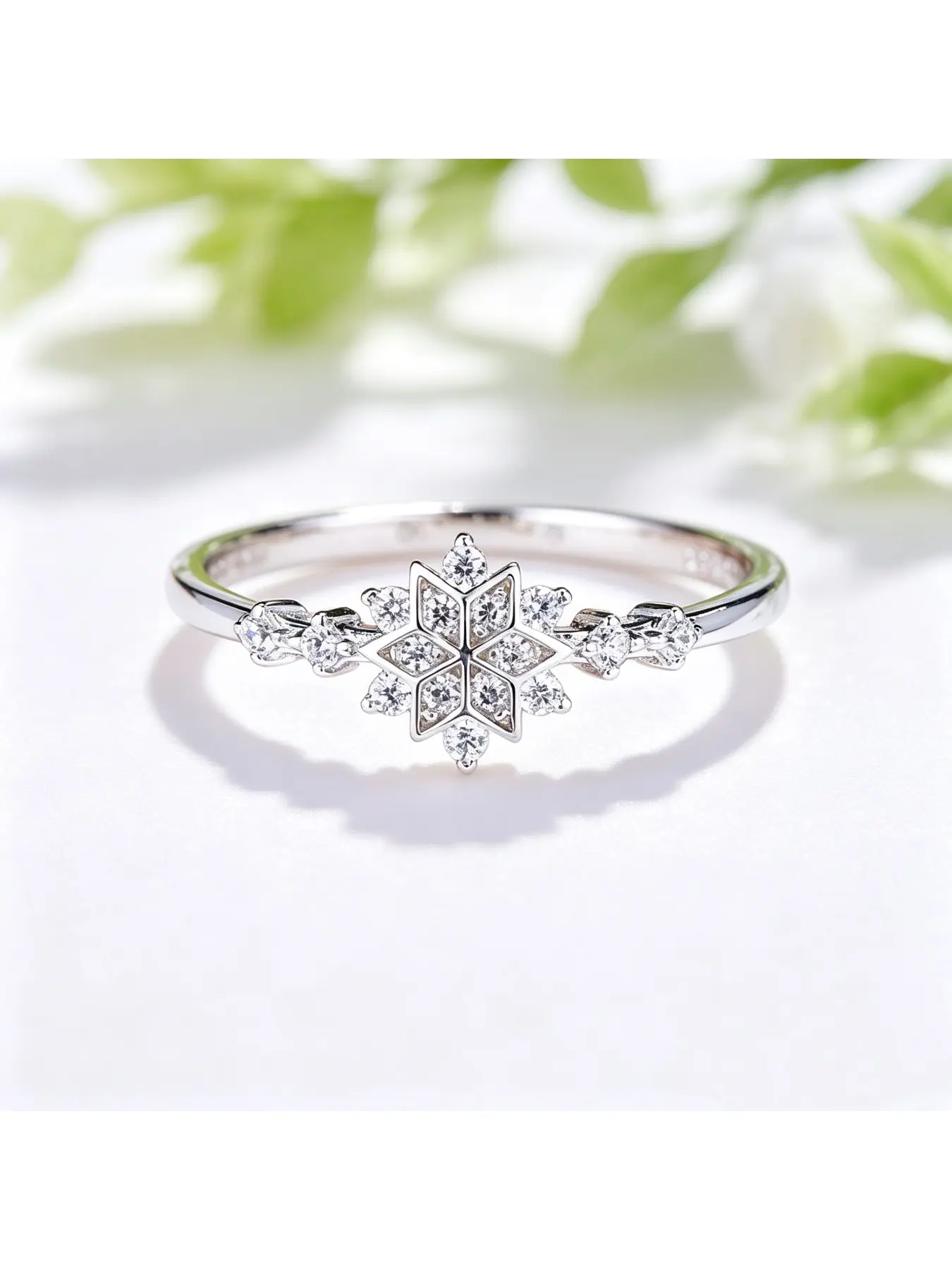 Paved Crystal 3D Snowflake Thin Band Engagement Ring, Bridal Ring, Gentle Feminine Gift for Women, Slim Smooth Shank for Everyday Wear, Winter Jewelry for Valentine Christmas Mother’s Day Date Proposal Anniversary Banquets