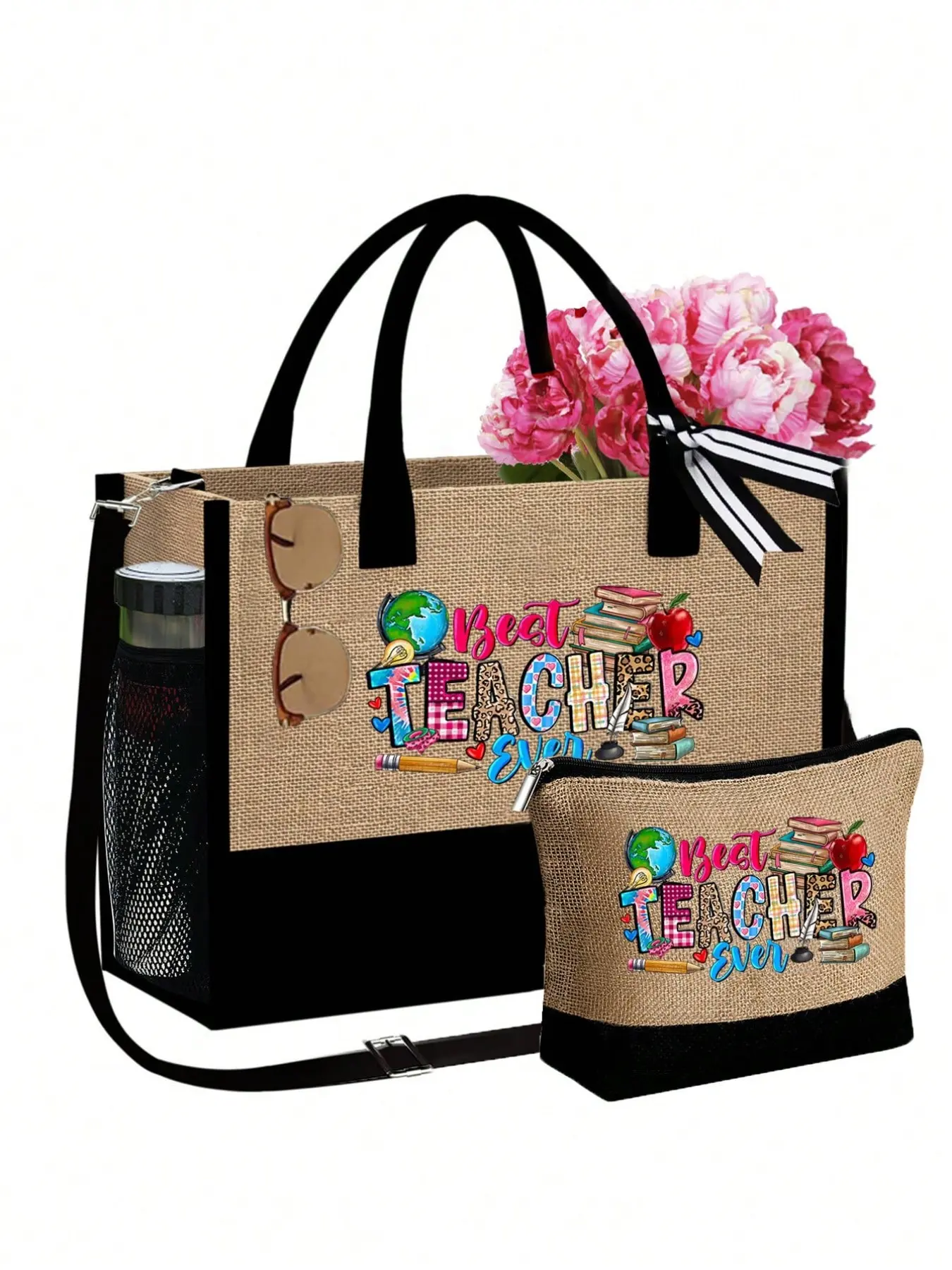 Teacher's Day Canvas Tote Bag Set, Lightweight and Portable Academic Design Travel Bag, Fashionable Canvas Bag, Teacher's Day Gift