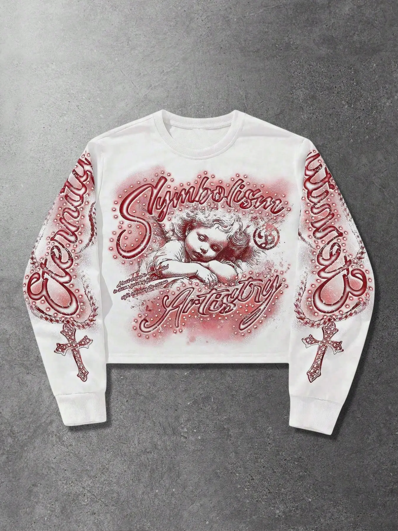 American Vintage Angel Cross Print Short Sleeve Streetwear Sweatshirt for Men, High Street Gradient Graffiti Top, Loose-Fit Spring & Fall Fashion