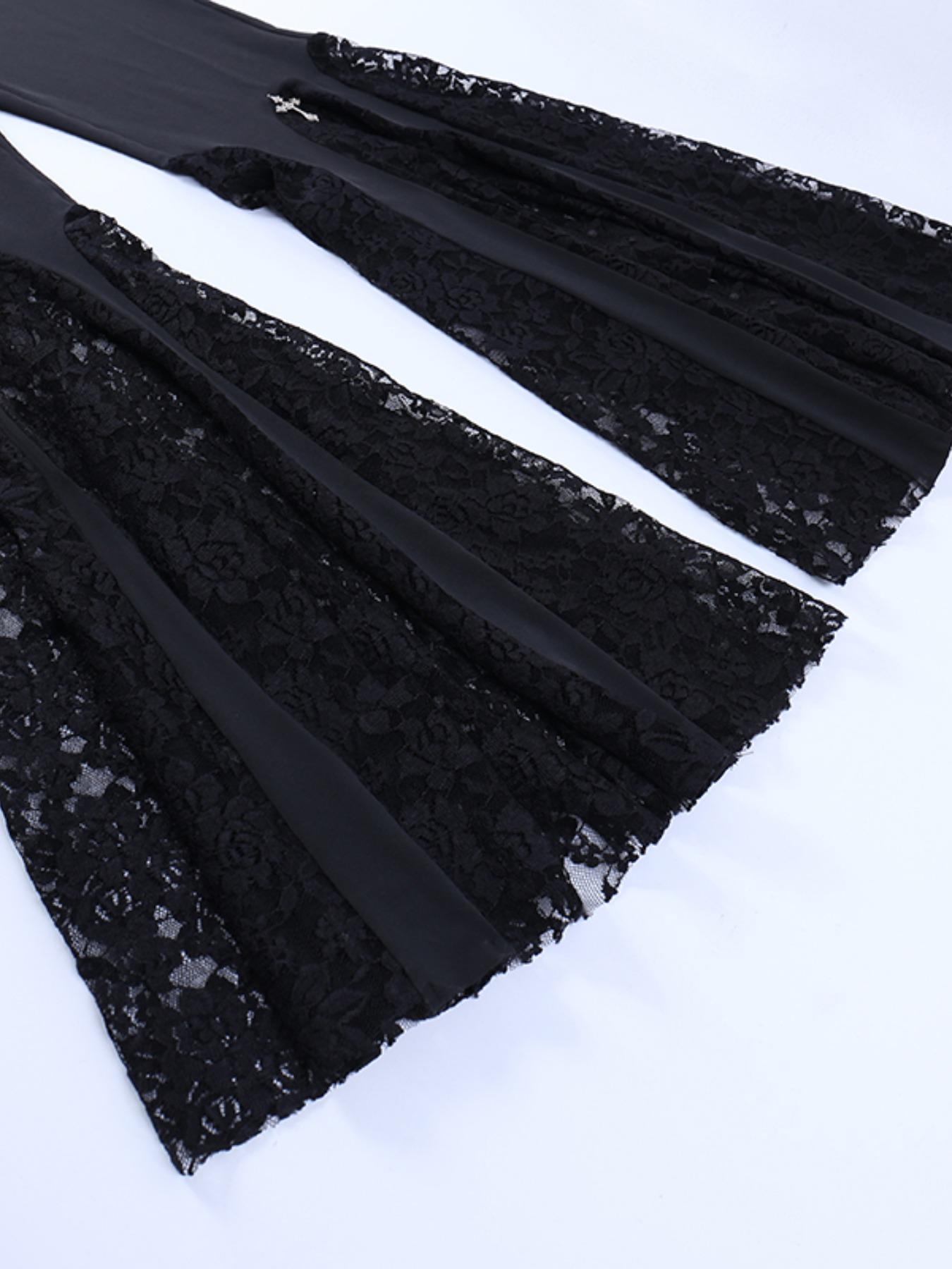Sexy Gothic Lace High Waist Flare Pants for Women, Elastic Polyester Blend, Non-Transparent, Comfortable and Stylish Y2K Style