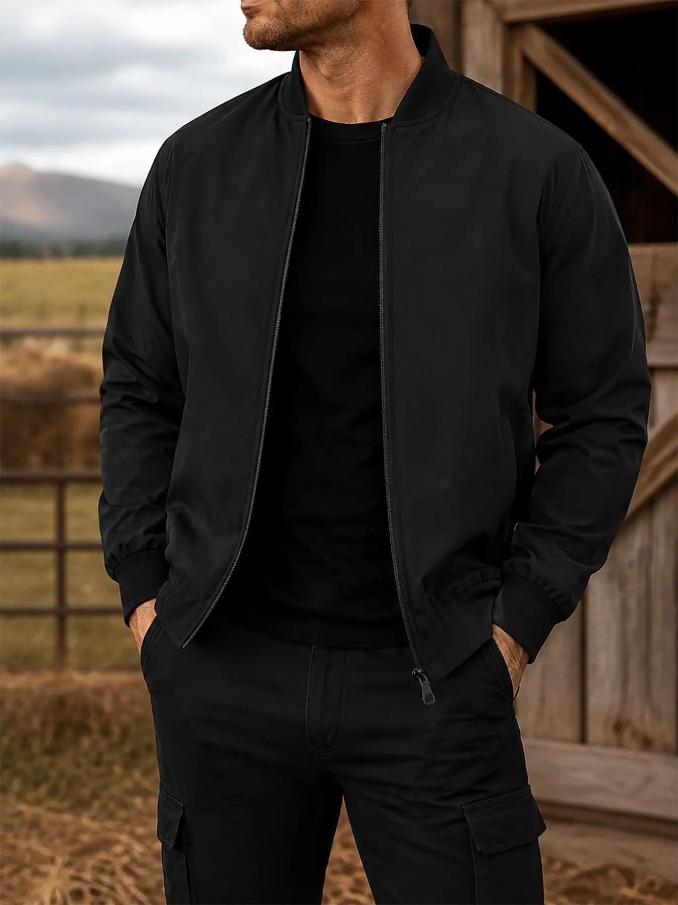 Men's Casual Fitted Outerwear, Plain Baseball Jacket for Gym and Outdoor Activities, Spring & Fall Unlined No Padding