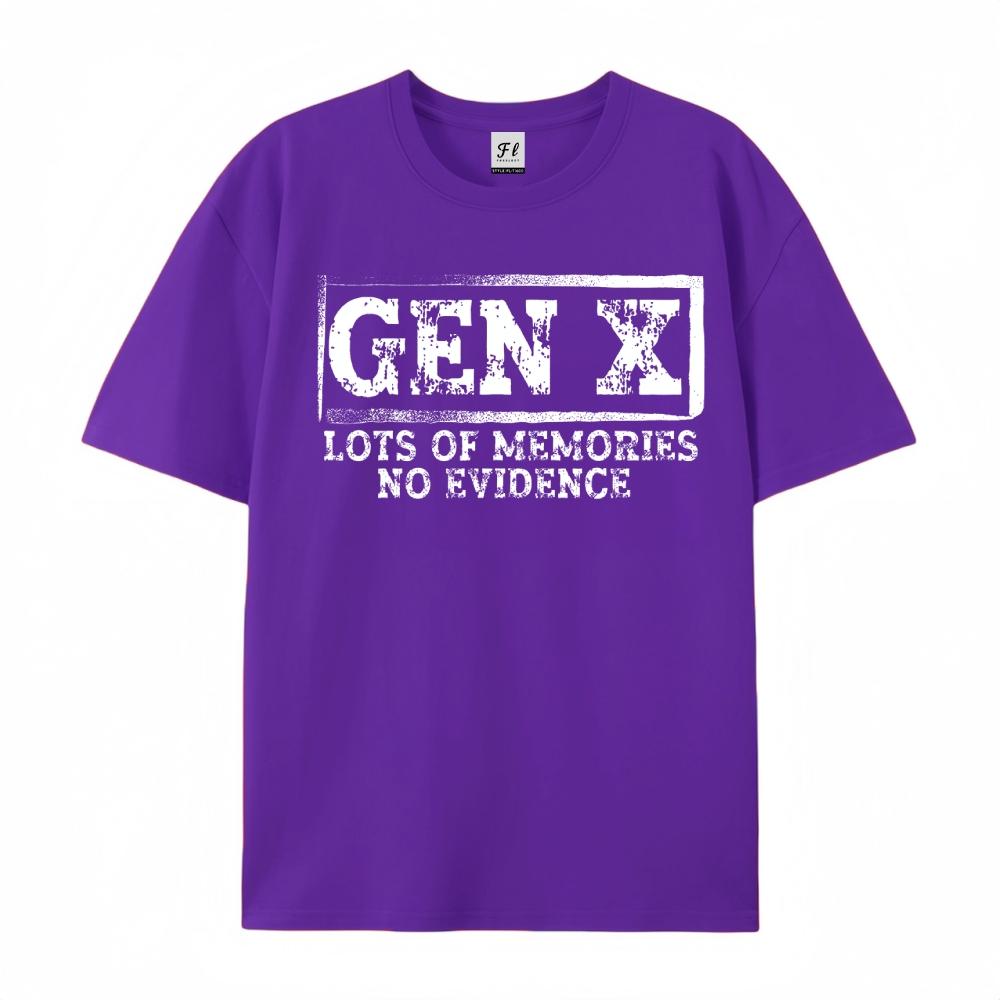 Gen X Lots Of Memories No Evidence Funny Graphic T-Shirt Vintage Distressed Crewneck Tee For Men Women Unisex Casual Short Sleeve Top 80s 90s Nostalgia Sarcastic Apparel