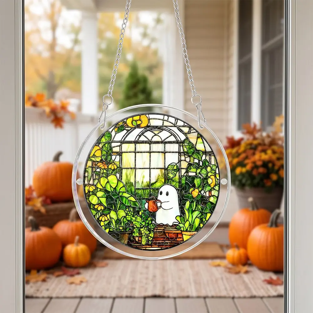 83-Piece Transparent 2D Flat Acrylic Sun Catcher Puzzle, DIY Stained Glass-Style Window Hanging Ornament, Double Stainless Steel Chain, Nature-Inspired Ghost & Floral Theme, Decorative Light-Catching Home Gift, Frame