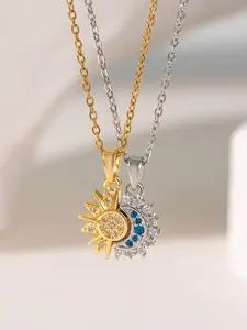 2-Piece Sun Moon Pendant Necklace Set, Blue Diamond Magnetic Design, Hypoallergenic Zinc alloy, Lightweight Elegant Women Jewelry, Perfect Gift for Girl