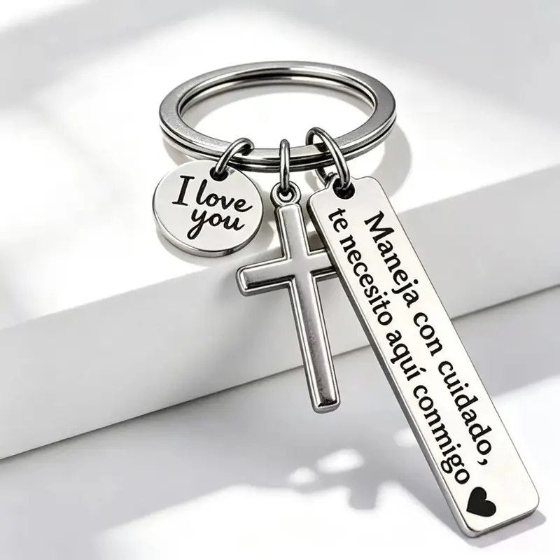 Drive carefully, I need you by my side - cross and "I love you" pendant keychain, Spanish "safe driving" stainless steel keychain, romantic gift, suitable for him / her, couple bracelet set, rotating extendable reading badge clip, keychain