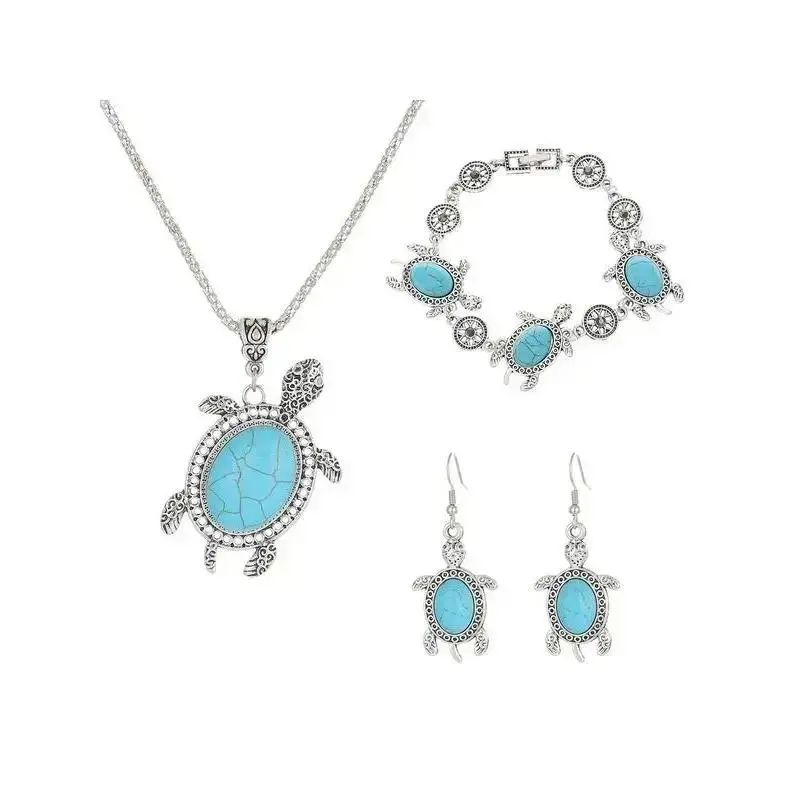 Vintage Bohemian Jewelry Set with Handcrafted Turquoise Turtle Charms for Women, 3-Piece Matching Necklace, Bracelet & Earrings, Matching Jewelry Set, Beach, Charm Necklace, Drop Earrings