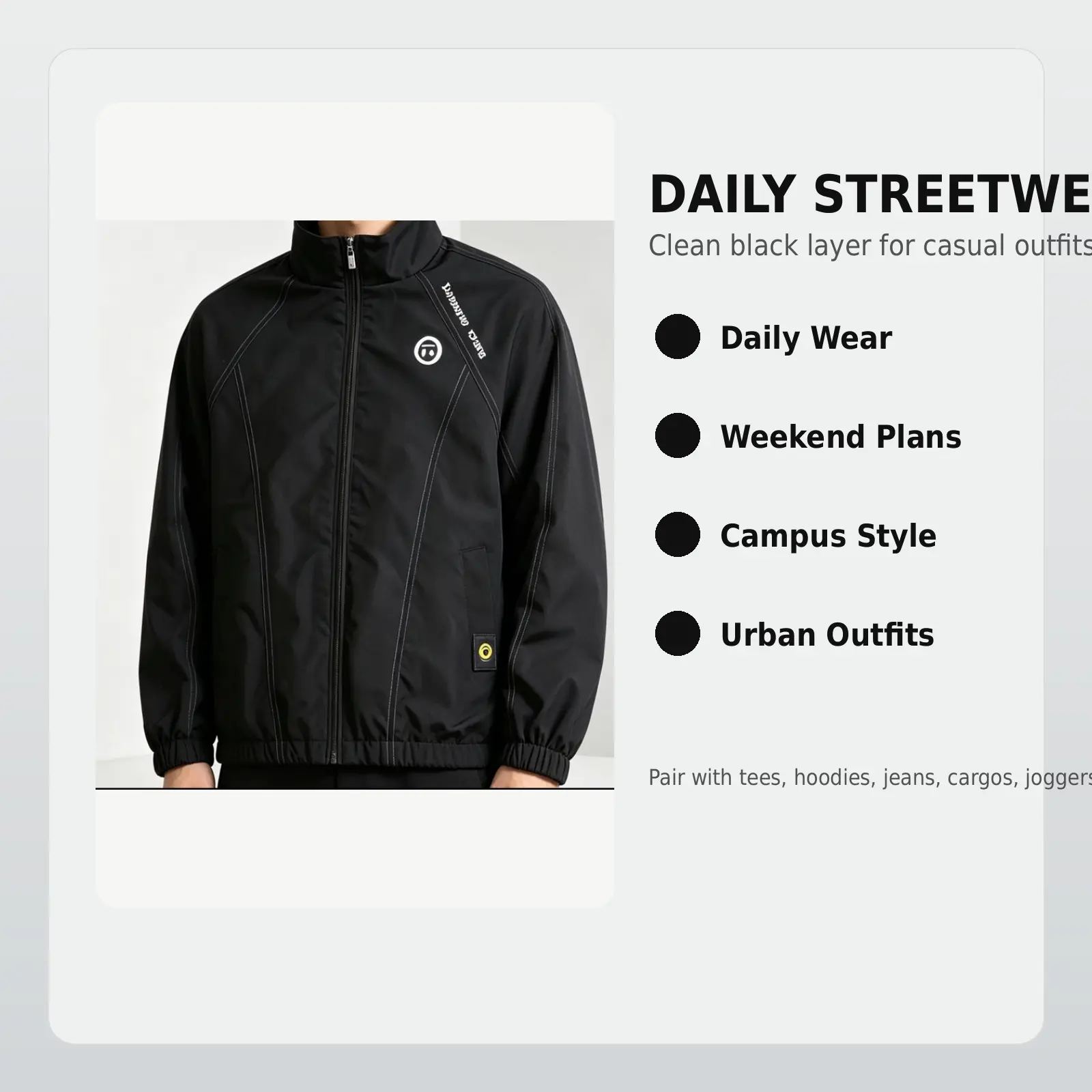Men’s Black Zip Up Streetwear Jacket, Casual Stand Collar Outerwear with Full Front Zipper, Contrast Seam Detail, Elastic Cuffs and Hem, Side Pockets, Minimal Graphic Style for Daily Wear and Weekend Outfits