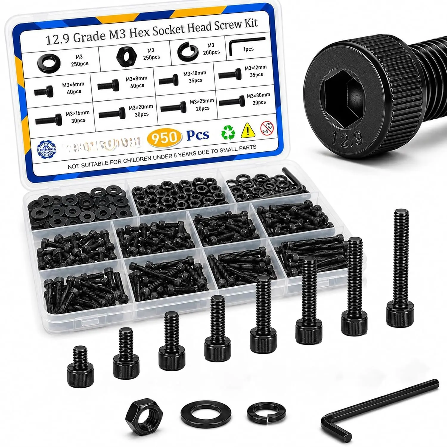 950 count M3 Screws  Kit, M3x6/8/10/12/16/20/25/30mm Hex Socket  Cap  Nuts Washers Set, 12.9 Alloy Steel Black Oxide M3 Metric Screw for  Printer,