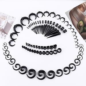 FASACCO 98 Count Ear Stretching Kit 14G-00G Ear Gauges Expander Set Acrylic Tapers and Plugs & Silicone Tunnels Taper Spiral Tapers Gauges for Ears