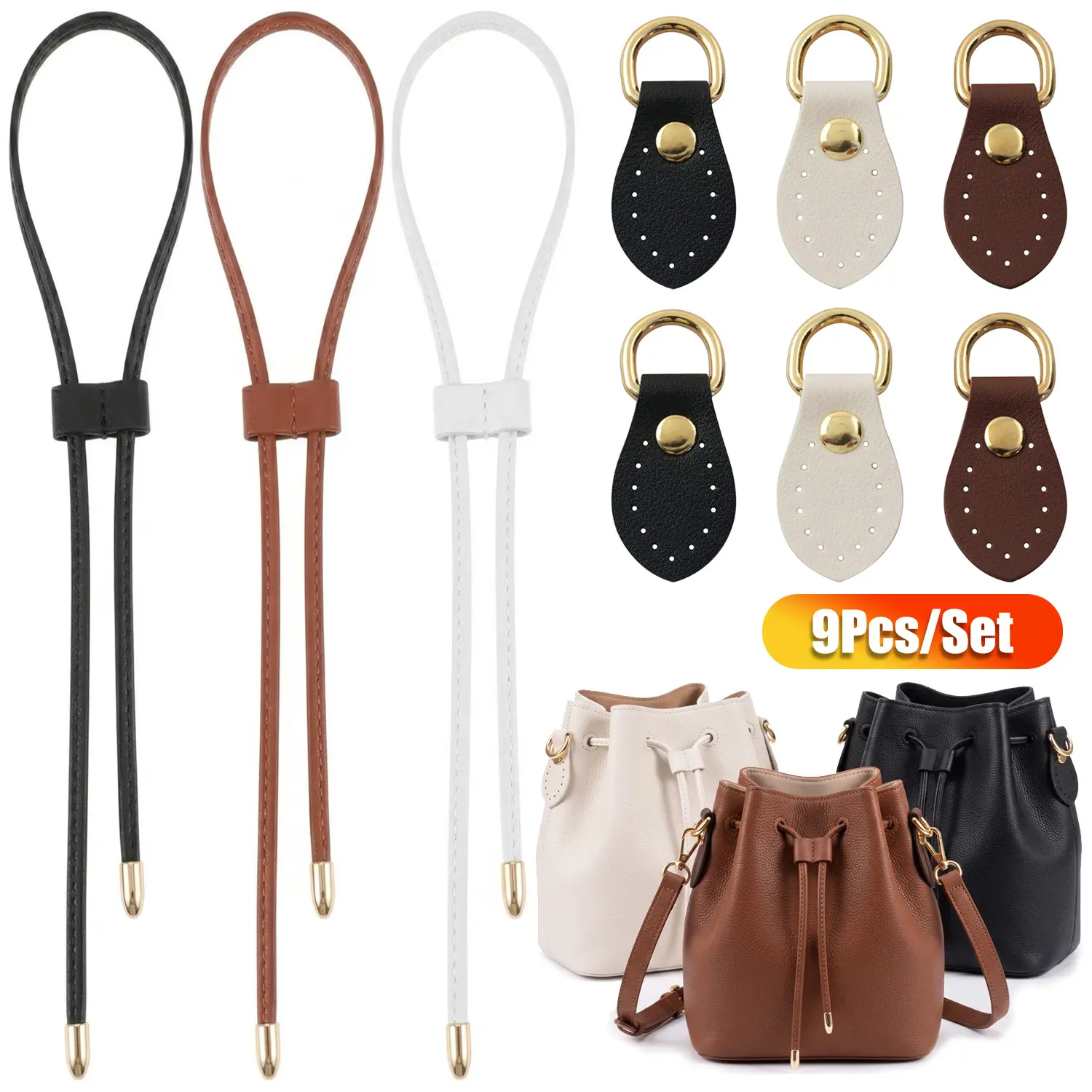 3+6Pcs PU Leather Drawstring Replacement with Purse Strap Mount Hook for Handbag Bucket Bag Detachable PU Pull String Strap Sew on Leather Buckle Bag Side D-Ring Clips for DIY Bag Making