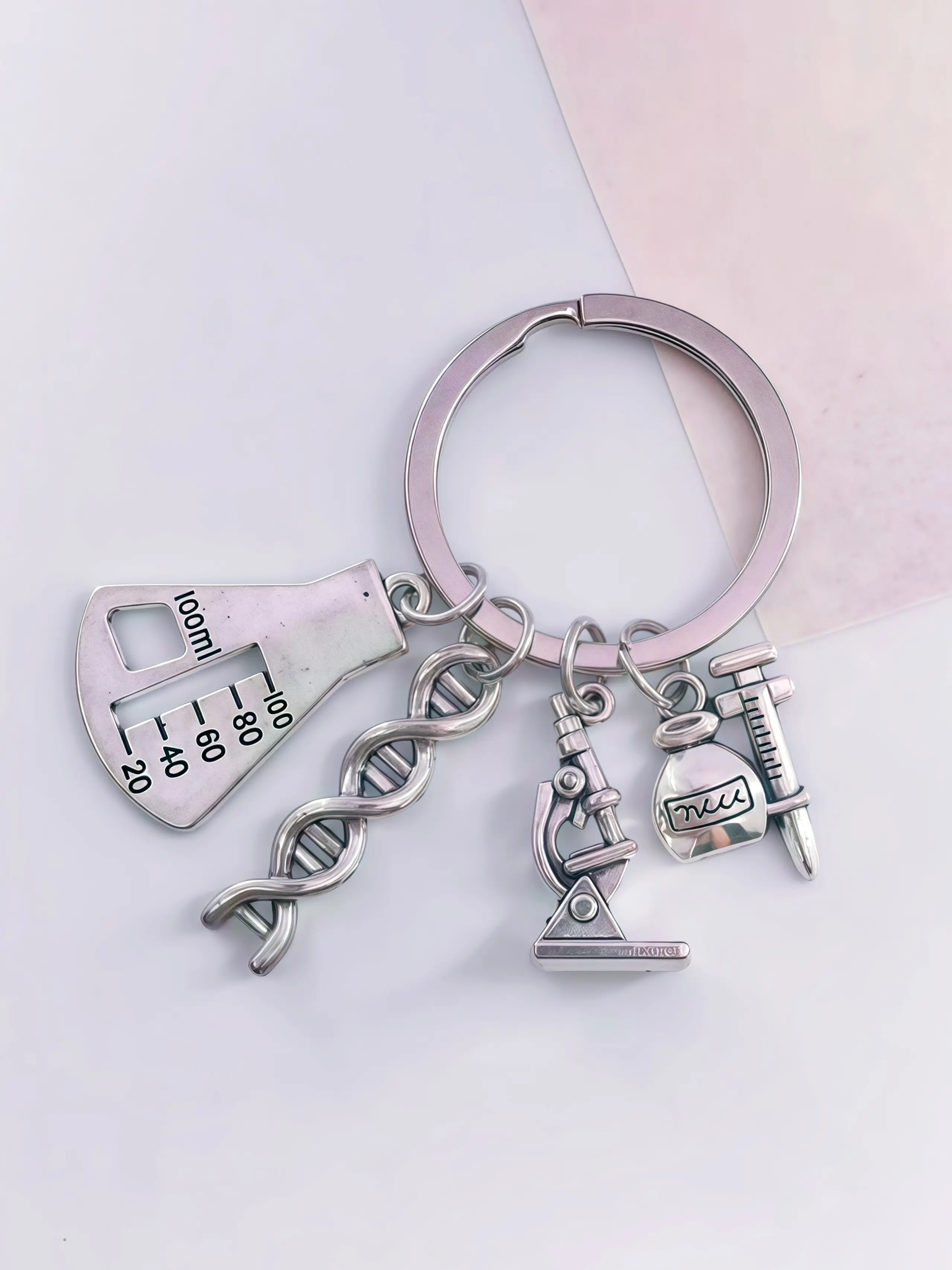 Vintage Silver Color Science Lab Keychain, Includes Four Charms: Graduated Flask, Dna Helix, Microscope, Syringe, Ideal for Biology Chemistry Students