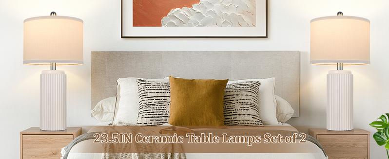 2 Pack 23.5’’ Modern Ceramic Table Lamps Set of 2 for Living Room, Farmhouse Vintage Bedside Table Lamps with White Linen Shade, Rustic Bedroom Ceramic Lamps for Nightstand Home Office End Table Dorm