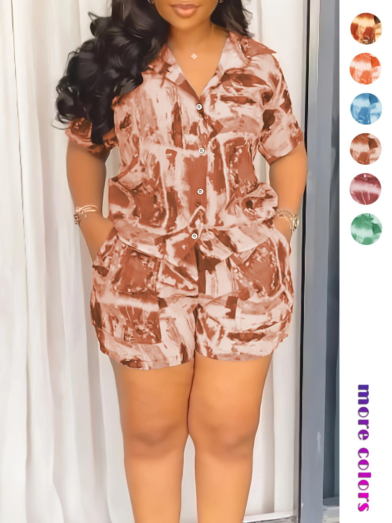 Two-piece Set Women's All Over Print Short Sleeve Shirt & Shorts, Casual Button Up Top & Shorts for Daily Wear, Ladies Summer Clothes, Fashion Clothes Set Two-piece Set Women's All Over Print Short Sleeve Shirt & Shorts, Casual Button Up Top & Shorts for Daily Wear, Ladies Summer Clothes, Fashion Clothes Set