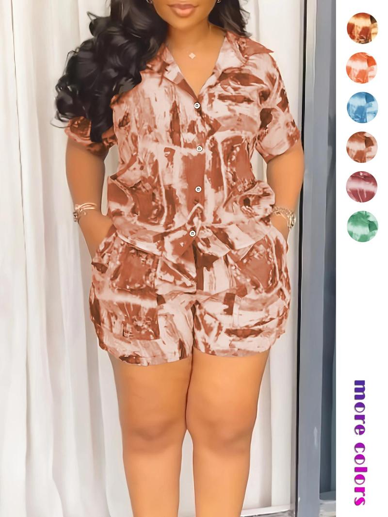 Two-piece Set Women's All Over Print Short Sleeve Shirt & Shorts, Casual Button Up Top & Shorts for Daily Wear, Ladies Summer Clothes, Fashion Clothes Set