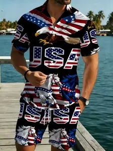 American Flag Pattern Men's Beach Short Sleeve Shirt Set, Summer Casual Quick-Dry Breathable Two-Piece, Ideal for Coastal Trips