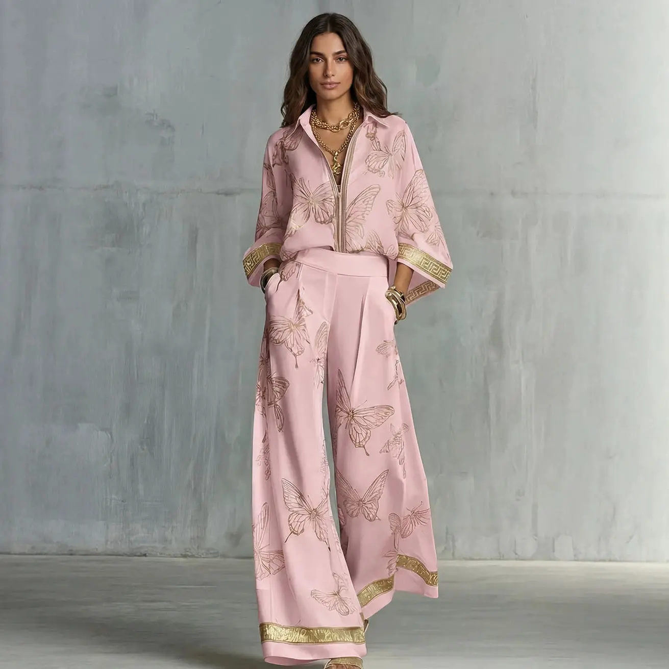 Women's Clothing 2026 Spring and Autumn Vintage Print Sexy Deep V Loose Zipper Top and Wide-Leg Pants Two-Piece Set