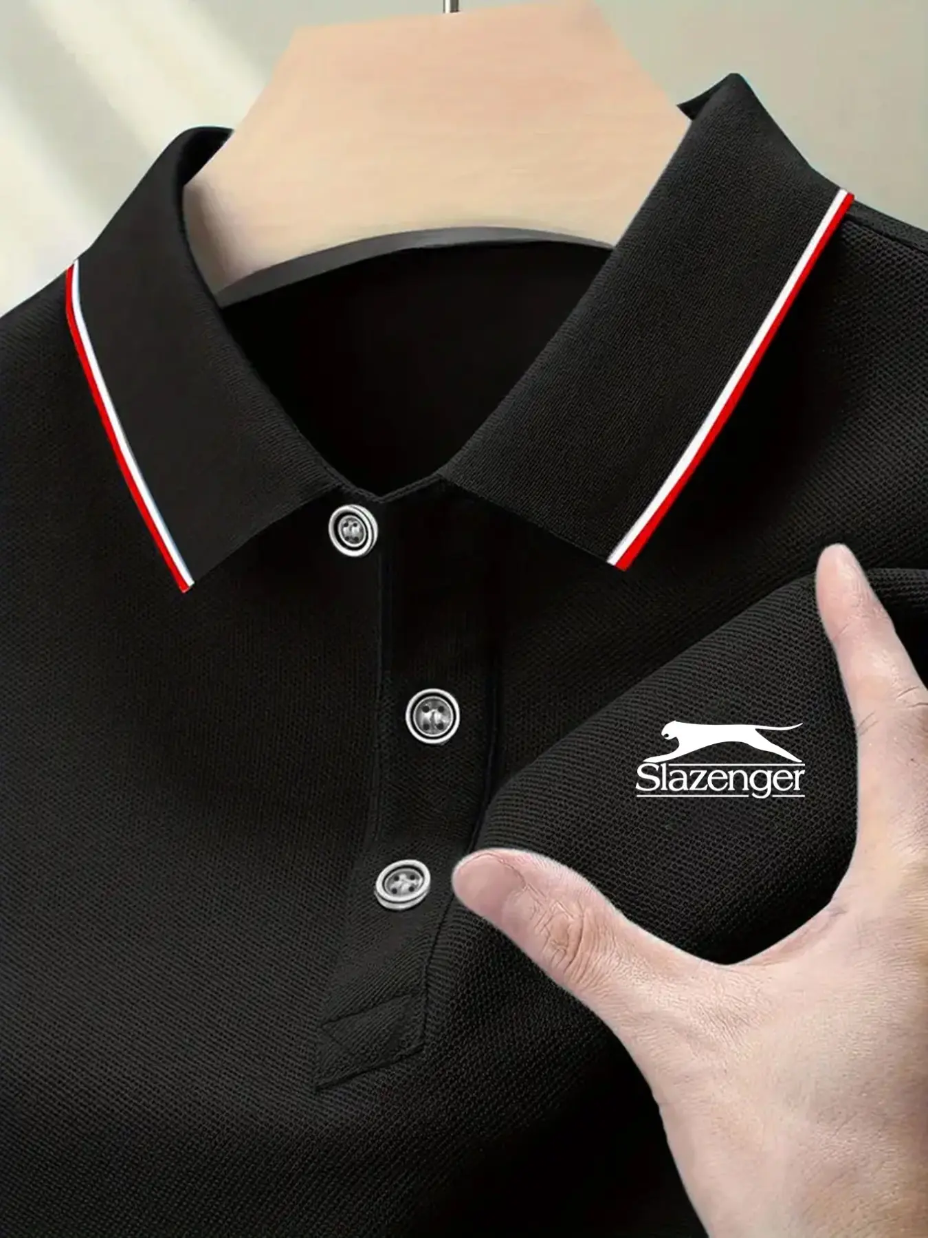 Men's Golf Polo Shirt with Slazenger Logo Print, Elastic Casual Breathable Four-Season Comfortable High-End Collared Shirt