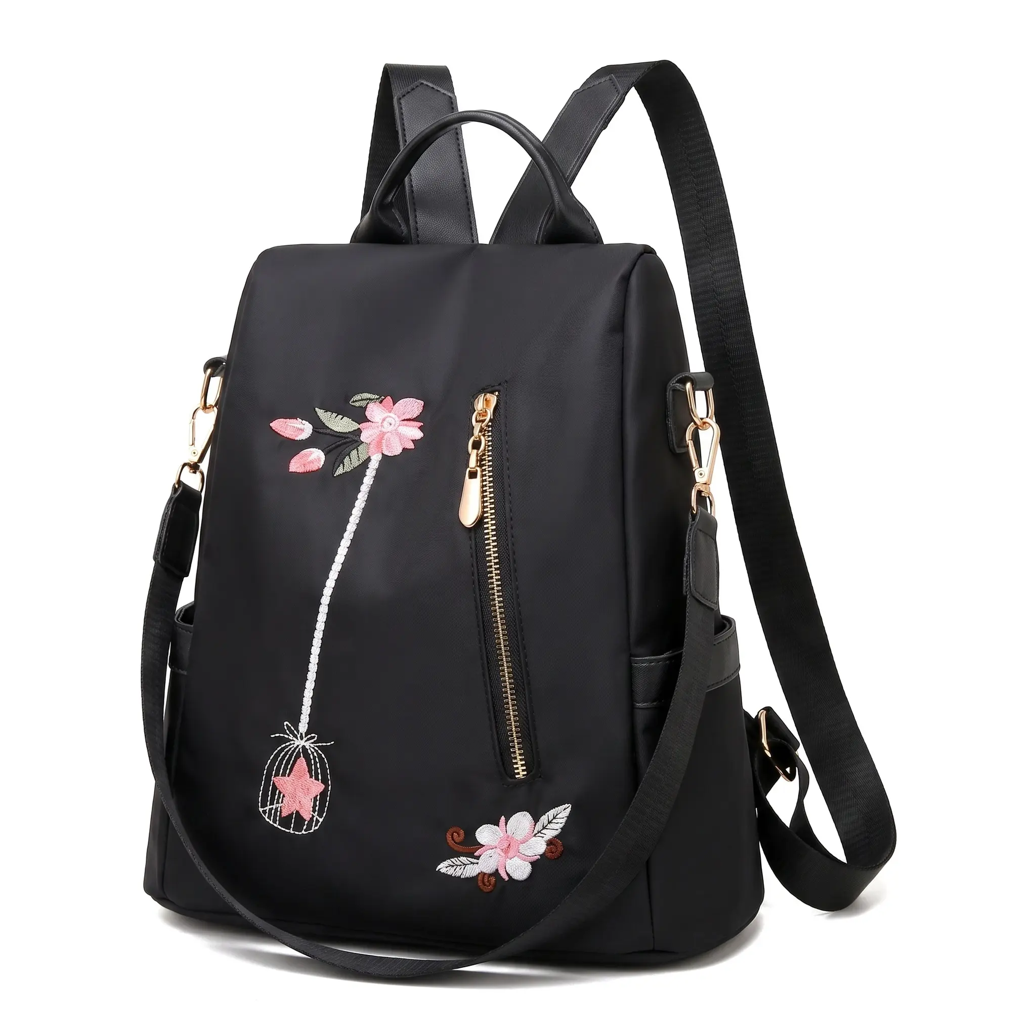 Ethnic 3D Embroidered Backpack For Women Water Resistant Oxford Fabric Casual Elegant Anti Theft Travel Bag Zipper Closure