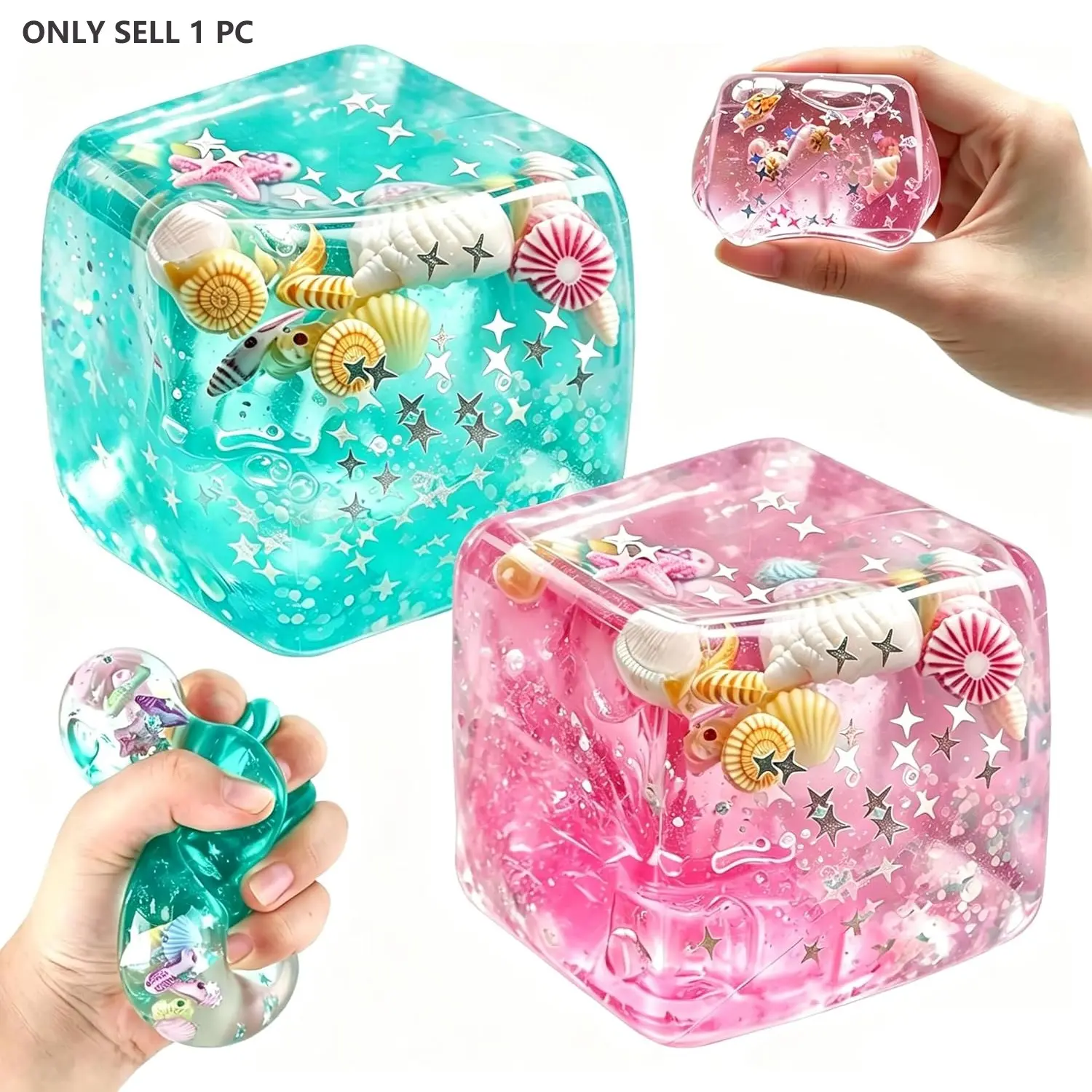 Slow Rise Squishy Cube, Ocean Shells Inside, Sensory Stress Relief Toys, Ice Cube Fidget Toys, Anti Anxiety Squeeze Toy for Adults Teens