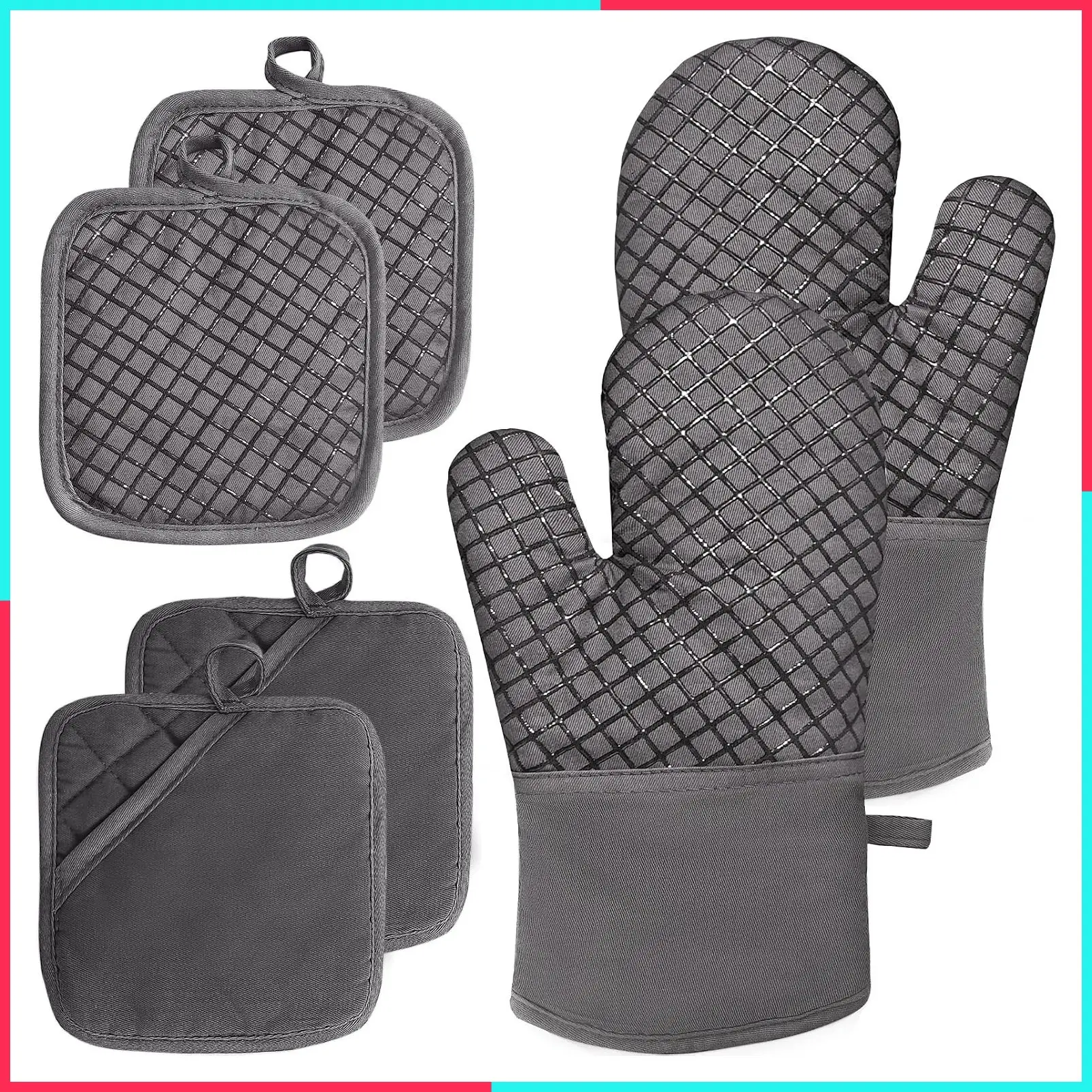4 Pcs Oven Mitts and Pot Holders Set, Heat Resistant 500°F, Thick Cotton with Non-Slip Silicone Surface, Long Kitchen Oven Gloves for Cooking, Baking, Grilling, Grey