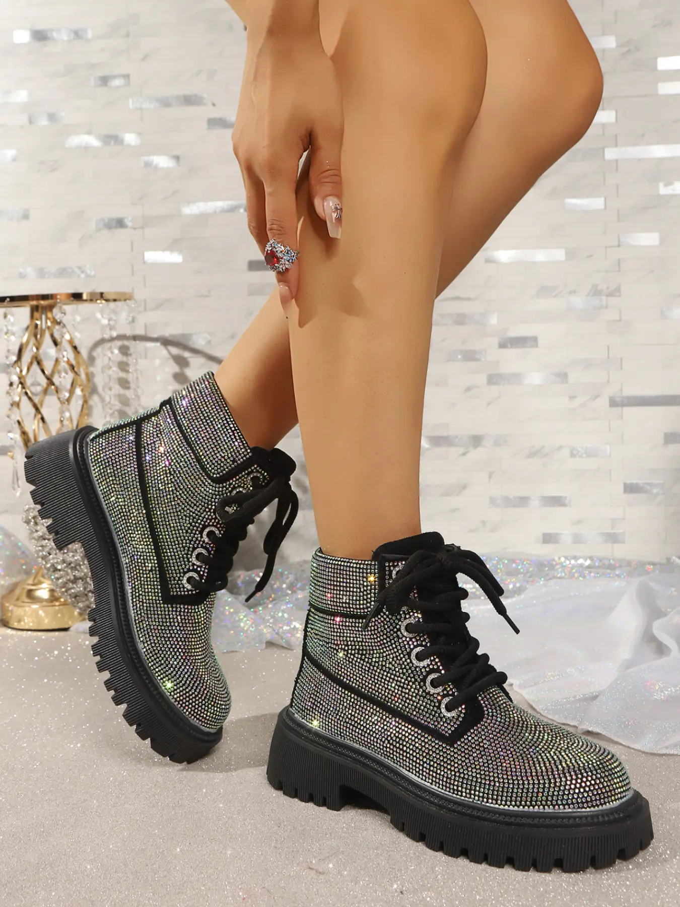 New Sparkling Rhinestone High-Top Work Boots, Chunky Sole Anti-Slip Thick Bottom Laces, Trendy Fashionable Women's Shoes