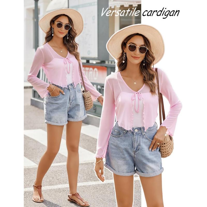 Womens Sheer Shrug Tie Front Long Bell Sleeve Mesh Bolero Lightweight Summer Casual Short Shawl Top