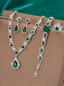 4pcs/set of Synthetic Zirconia Water Droplet Necklace Earrings Bracelet Ring Set, Women's Jewelry Set, Bridal Wedding Jewelry, Suitable for Wedding Accessories, Parties, Valentine's Day Gifts