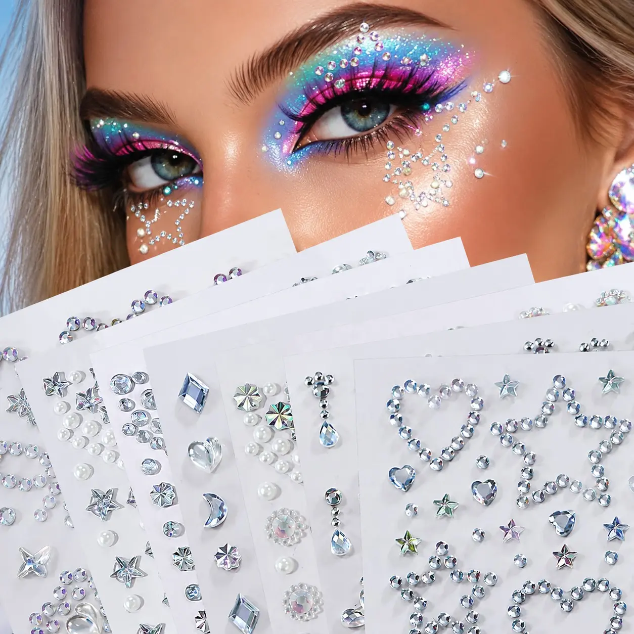 7 Pcs Rhinestone Body Stickers, Fake Tattoo, Body Fake Tattoos, Temporary Tattoo Stickers, Fairy Y2K Style, Self-Adhesive Glitter, Heart Star Butterfly Moon Pearl Designs, Perfect for Girls' Music Festivals/proms/stage Makeup