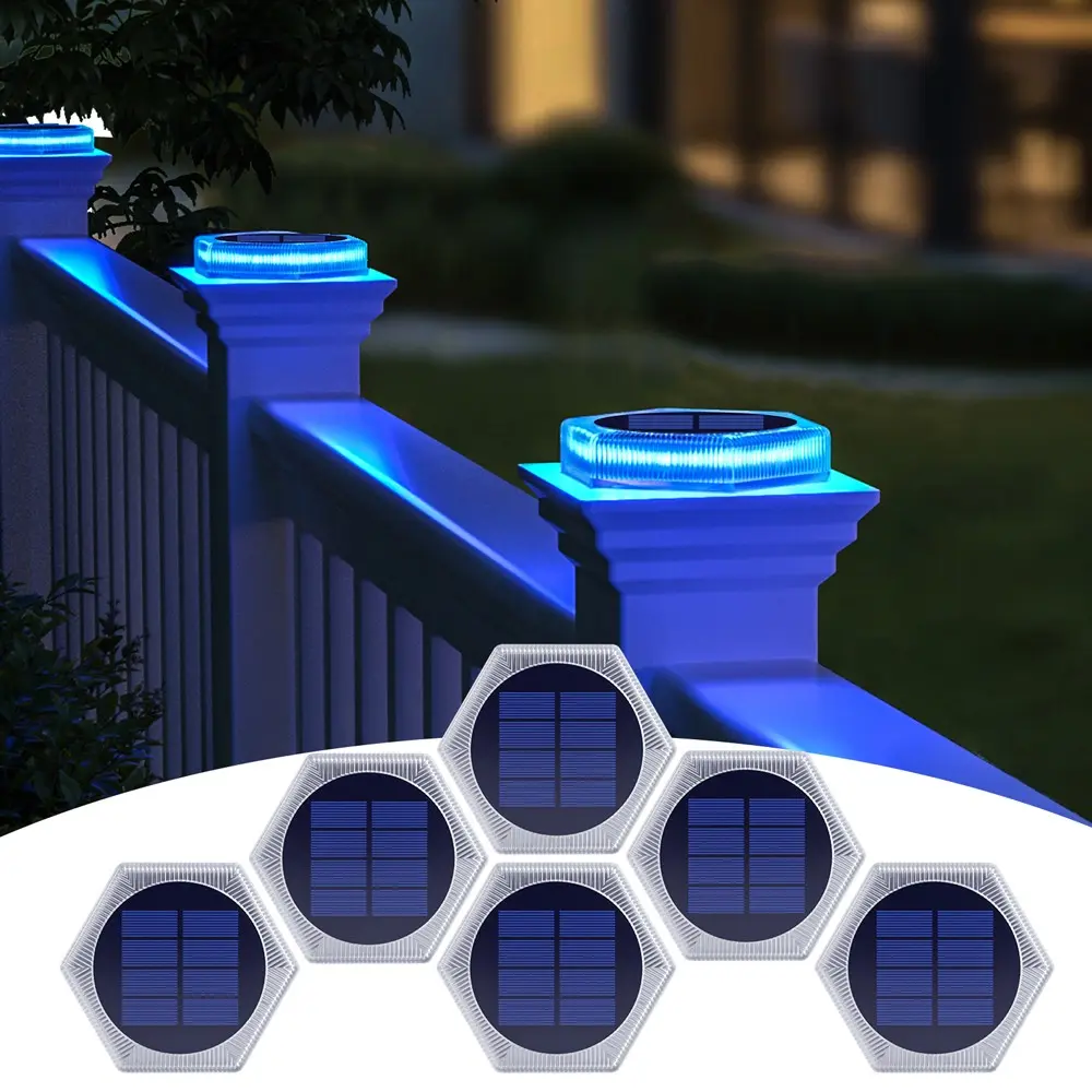LED Solar Deck Lights, Solar Illuminated, IP68 Waterproof Hexagonal Step Lights, Automatic On/off Stair Lights, Patio Lighting, 16 Hours Runtime, 10 Ton Capacity, Outdoor Garden Pathway, Walkway, Driveway, Party Decor, Blue Light (4/6 Pack)