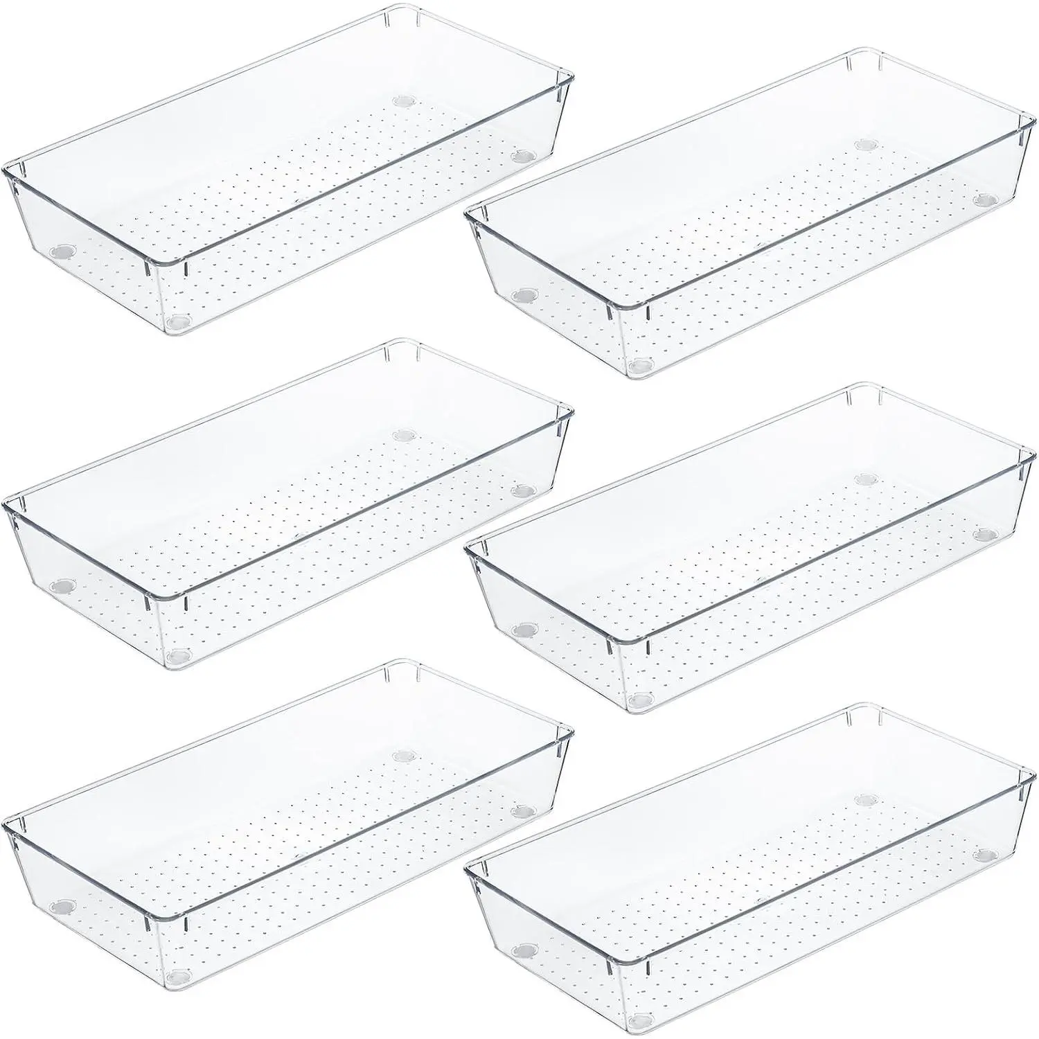 6 Pack 12 x 6 x 2 Inch Clear Drawer Organizer Trays, Desk Drawer Divider Storage Bins, Storage Box Set for Utensils Junks Vanities Makeups  Office Craft Supplies